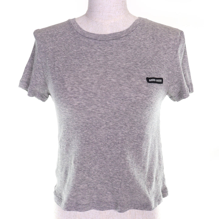 Great MIUMIU Short sleeve Rib-knit jersey t-shirt logo crew neck gray XS MJN466