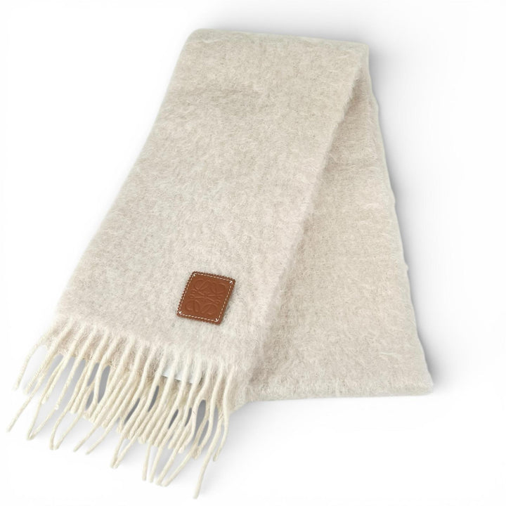 Excellent LOEWE Scarf Anagram leather patch white mohair Women