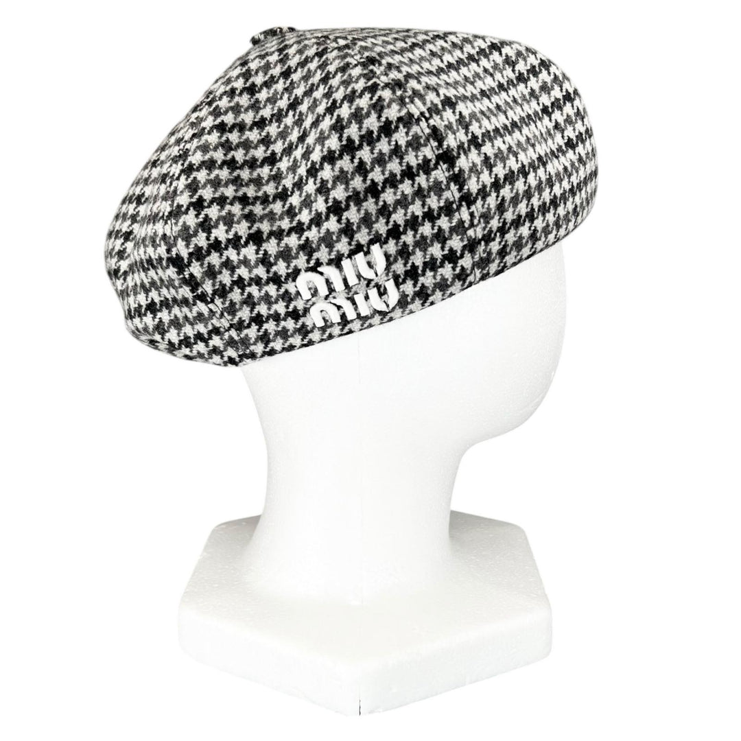 Excellent MIUMIU beret Houndstooth logo embroidery Gray wool Women L 5HC075