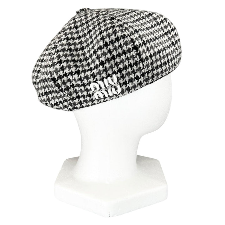 Excellent MIUMIU beret Houndstooth logo embroidery Gray wool Women L 5HC075