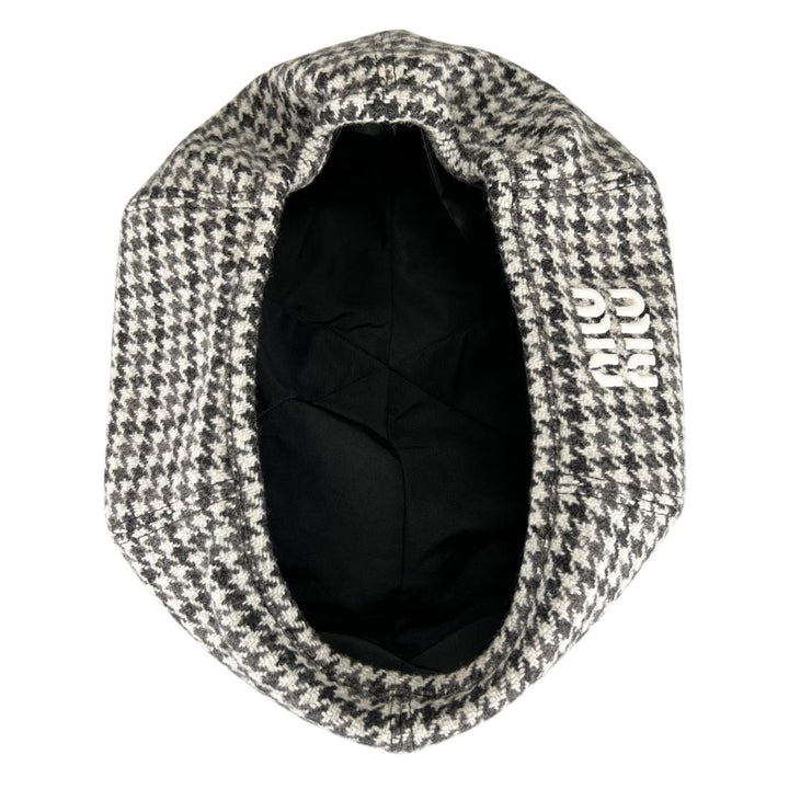 Excellent MIUMIU beret Houndstooth logo embroidery Gray wool Women L 5HC075