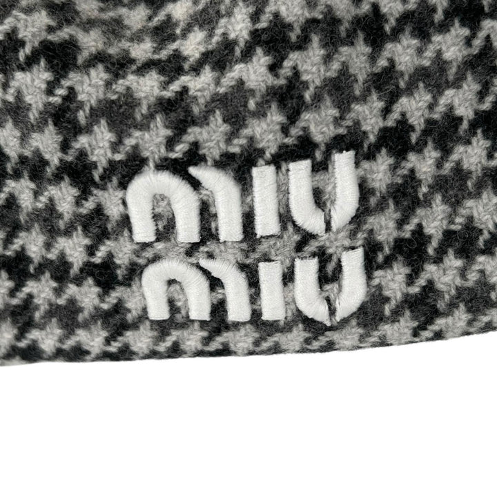 Excellent MIUMIU beret Houndstooth logo embroidery Gray wool Women L 5HC075