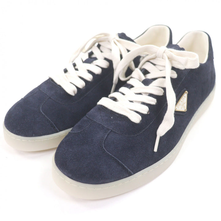 Pristine PRADA Low cut sneakers triangle logo triangle plate Navy Suede leather