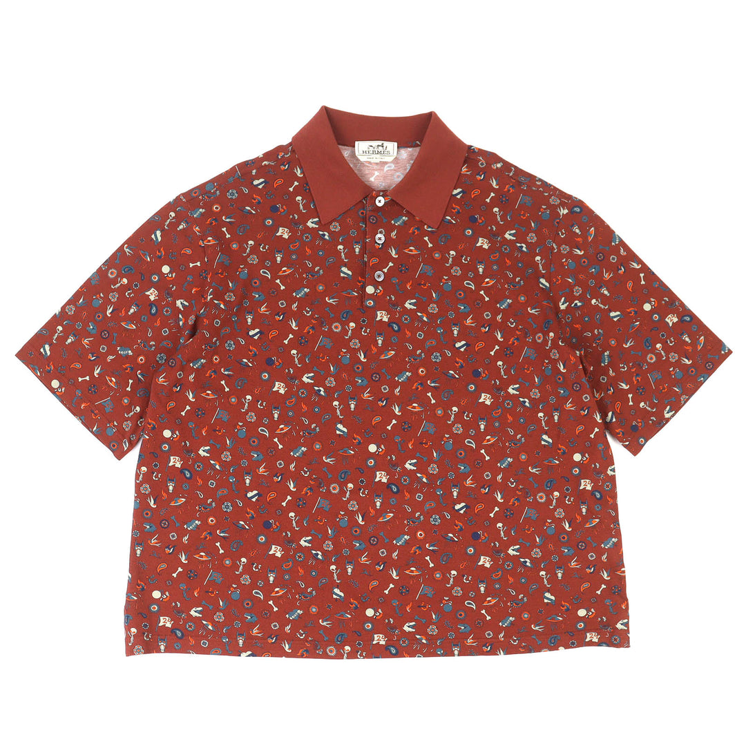 Excellent HERMES Short sleeve polo shirt All-over pattern design Brown L 22-5761