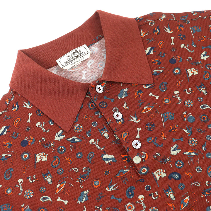 Excellent HERMES Short sleeve polo shirt All-over pattern design Brown L 22-5761