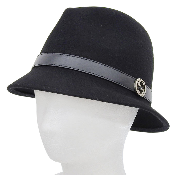 Excellent GUCCI hat black wool mens L 323166