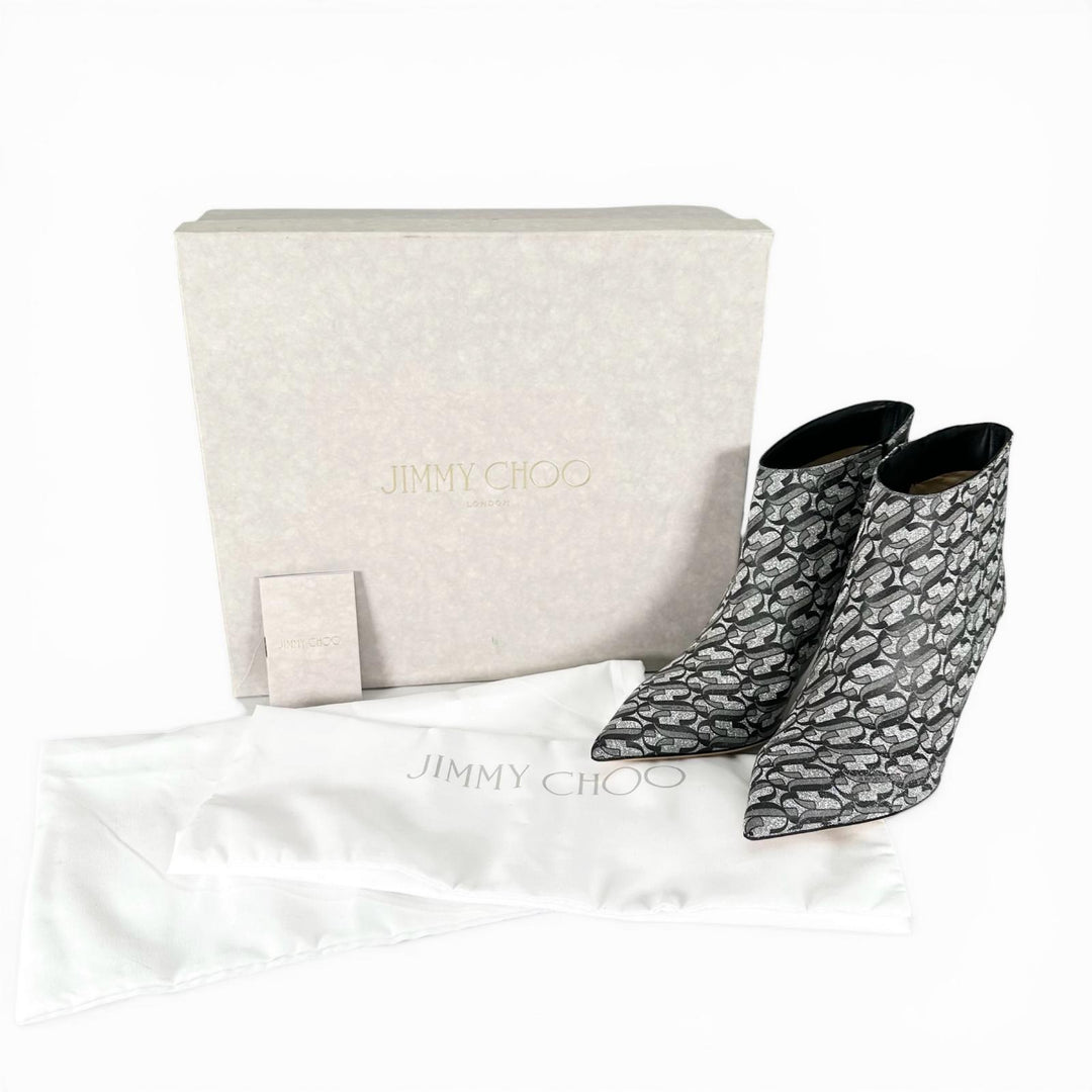 Excellent JIMMY CHOO Ankle boots MARINDA 65 Monogram Silver Women 37.5