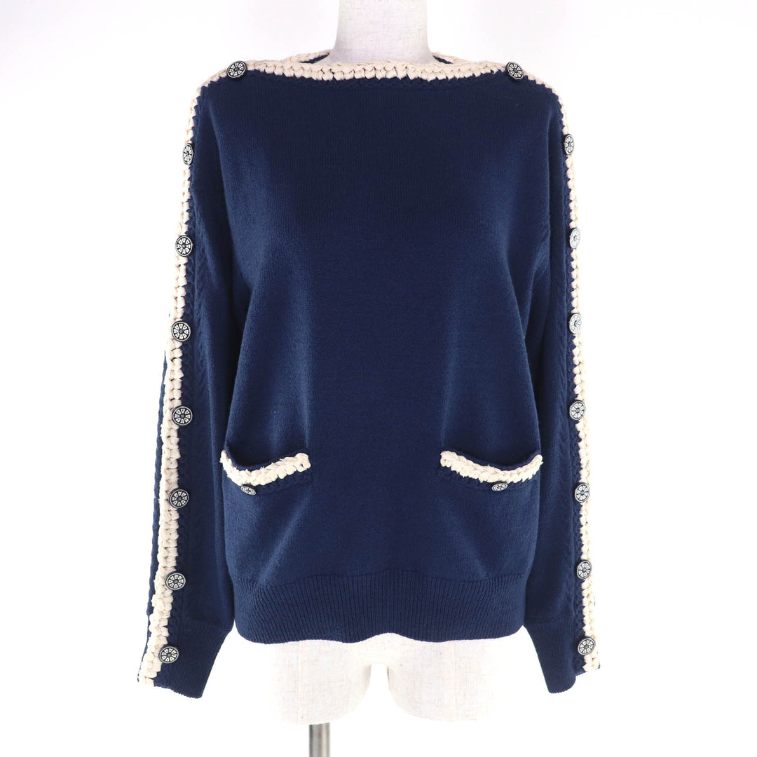 Great CHANEL knit COCO Mark Button Long Sleeve Navy wool Women 36 P53333