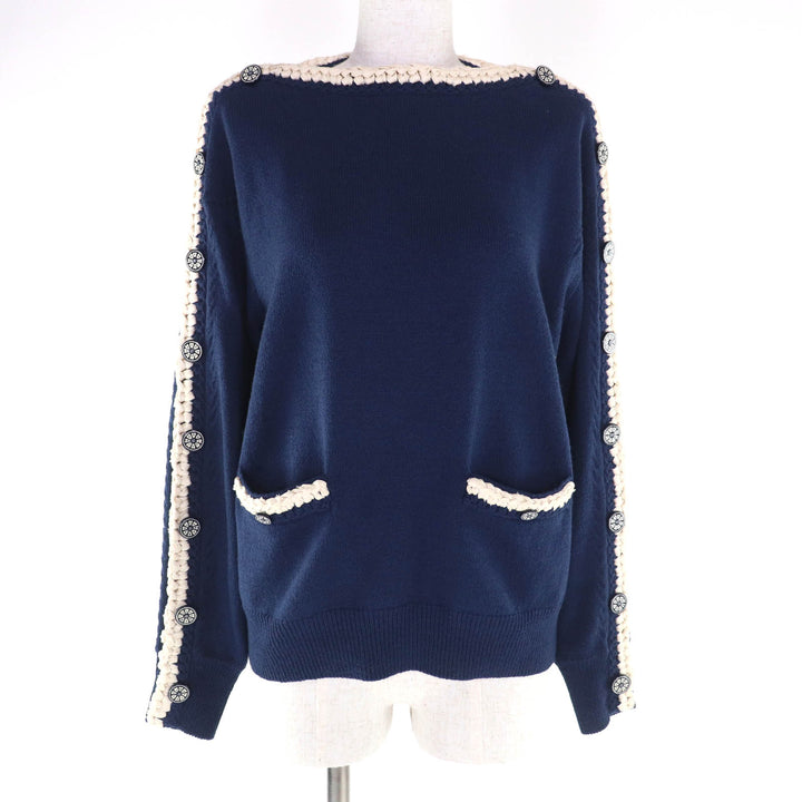 Great CHANEL knit COCO Mark Button Long Sleeve Navy wool Women 36 P53333