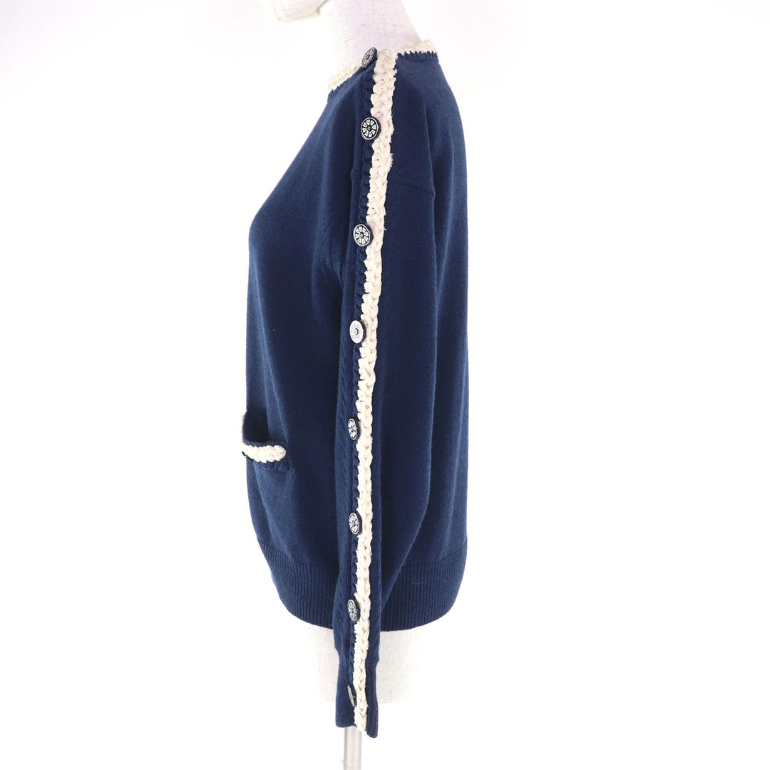 Great CHANEL knit COCO Mark Button Long Sleeve Navy wool Women 36 P53333
