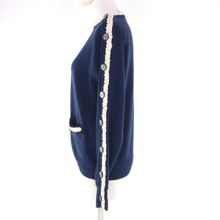 Great CHANEL knit COCO Mark Button Long Sleeve Navy wool Women 36 P53333
