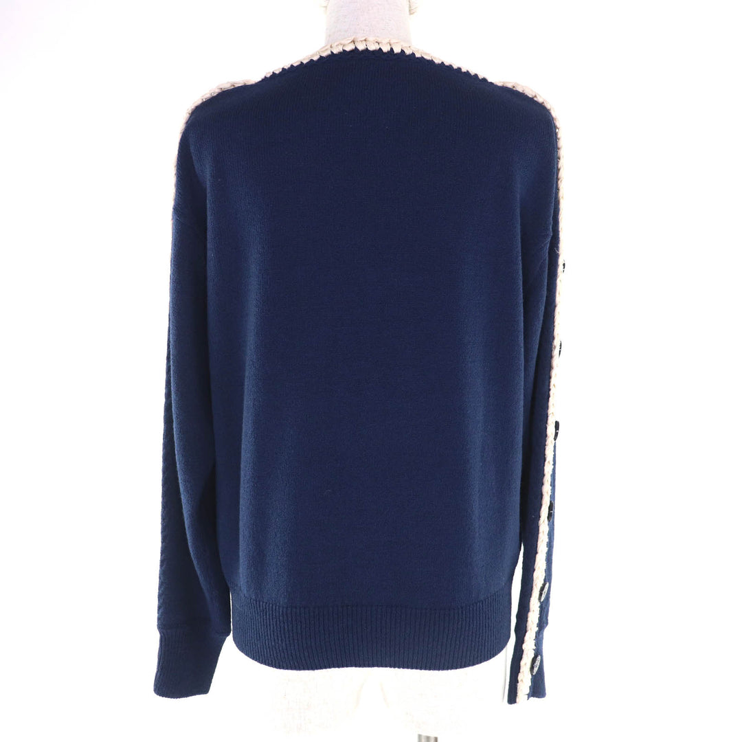 Great CHANEL knit COCO Mark Button Long Sleeve Navy wool Women 36 P53333