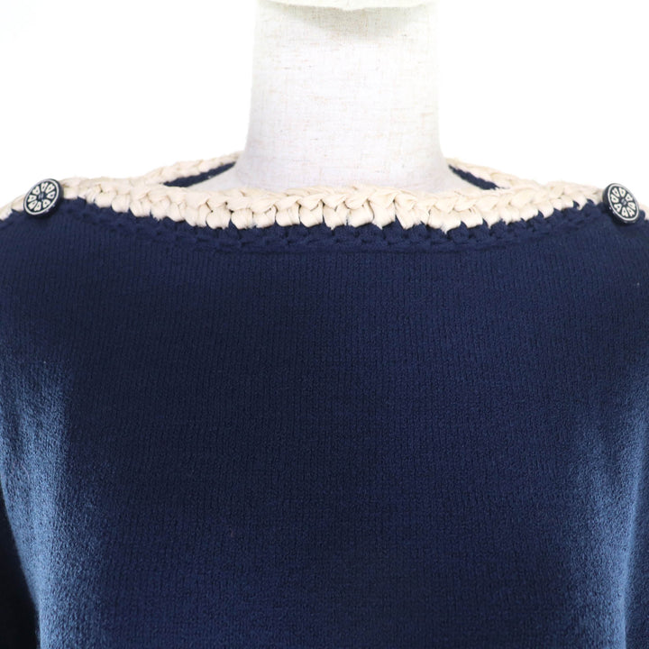 Great CHANEL knit COCO Mark Button Long Sleeve Navy wool Women 36 P53333