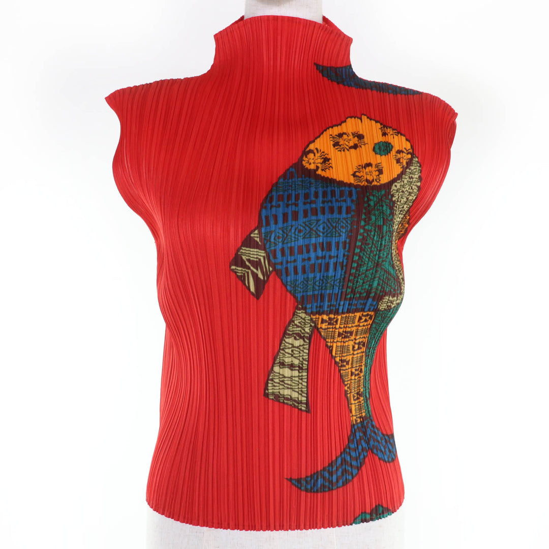 Excellent PLEATS PLEASE T-shirt Fish Print High Neck Red 3 PP33-JK632
