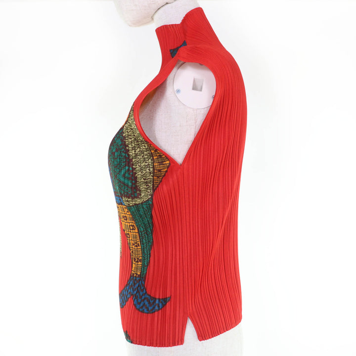Excellent PLEATS PLEASE T-shirt Fish Print High Neck Red 3 PP33-JK632