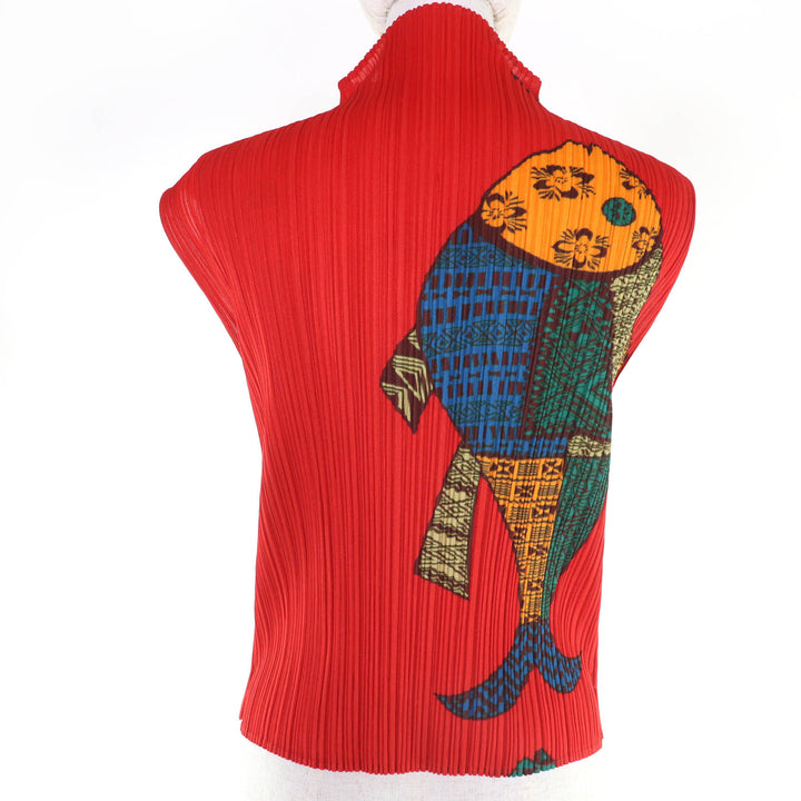 Excellent PLEATS PLEASE T-shirt Fish Print High Neck Red 3 PP33-JK632