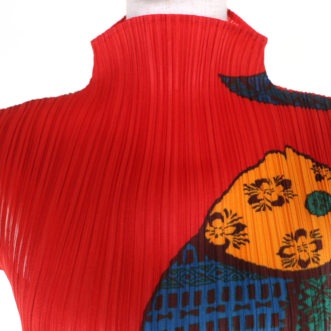Excellent PLEATS PLEASE T-shirt Fish Print High Neck Red 3 PP33-JK632