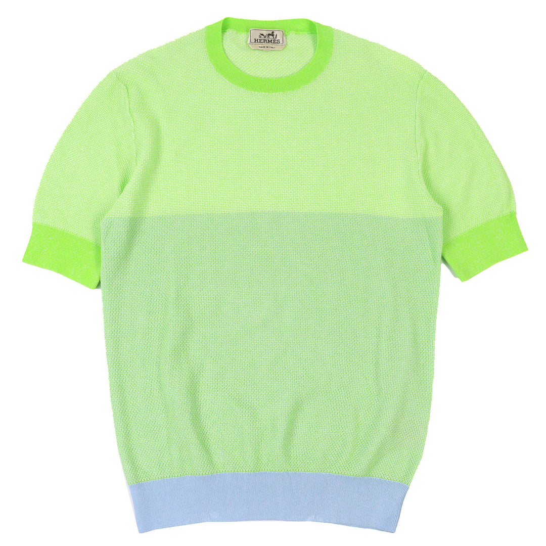 Excellent HERMES Short sleeve knit Crew neck two-tone Light green cotton mens XS