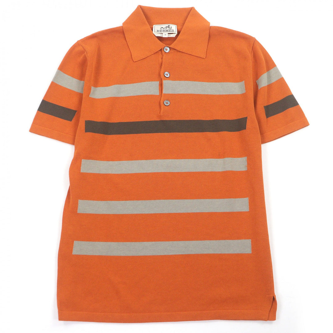 Excellent HERMES Short sleeve polo shirt Border Pattern Short Sleeve Orange
