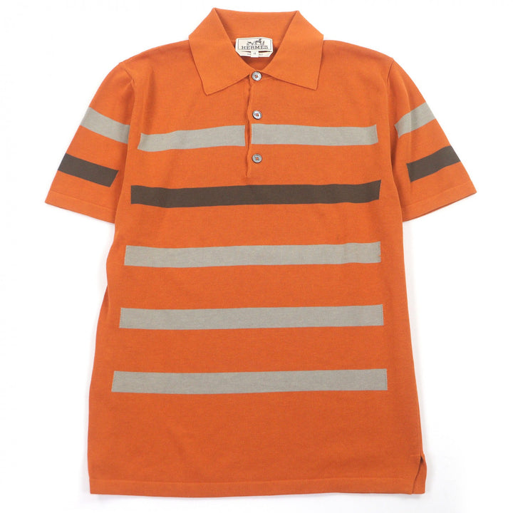 Excellent HERMES Short sleeve polo shirt Border Pattern Short Sleeve Orange