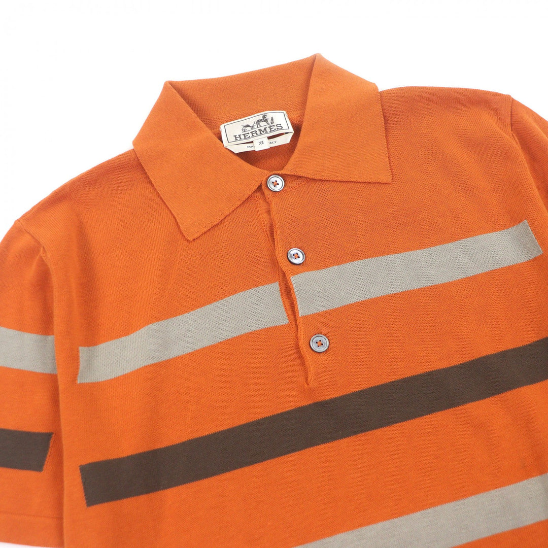 Excellent HERMES Short sleeve polo shirt Border Pattern Short Sleeve Orange