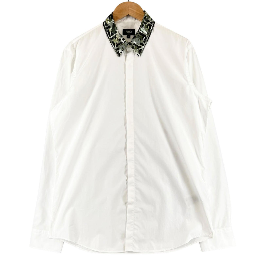 Excellent FENDI Long sleeve shirt Logo button Zucca Pattern white cotton mens