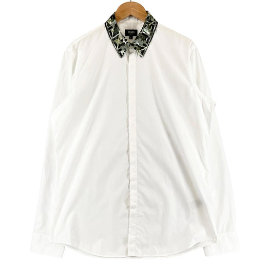 Excellent FENDI Long sleeve shirt Logo button Zucca Pattern white cotton mens