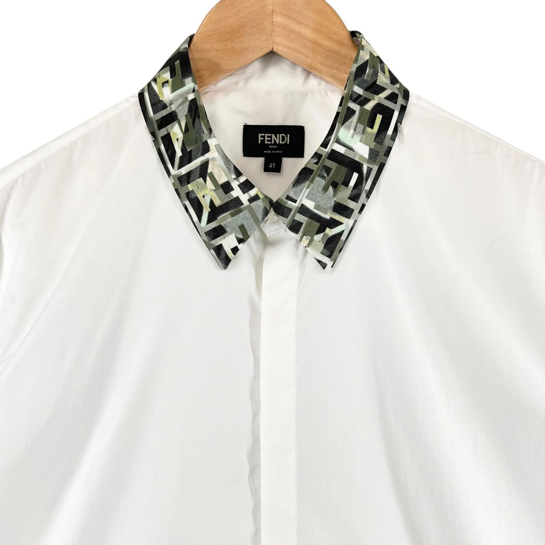 Excellent FENDI Long sleeve shirt Logo button Zucca Pattern white cotton mens