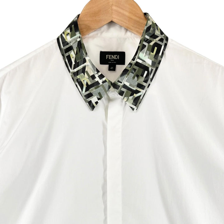 Excellent FENDI Long sleeve shirt Logo button Zucca Pattern white cotton mens