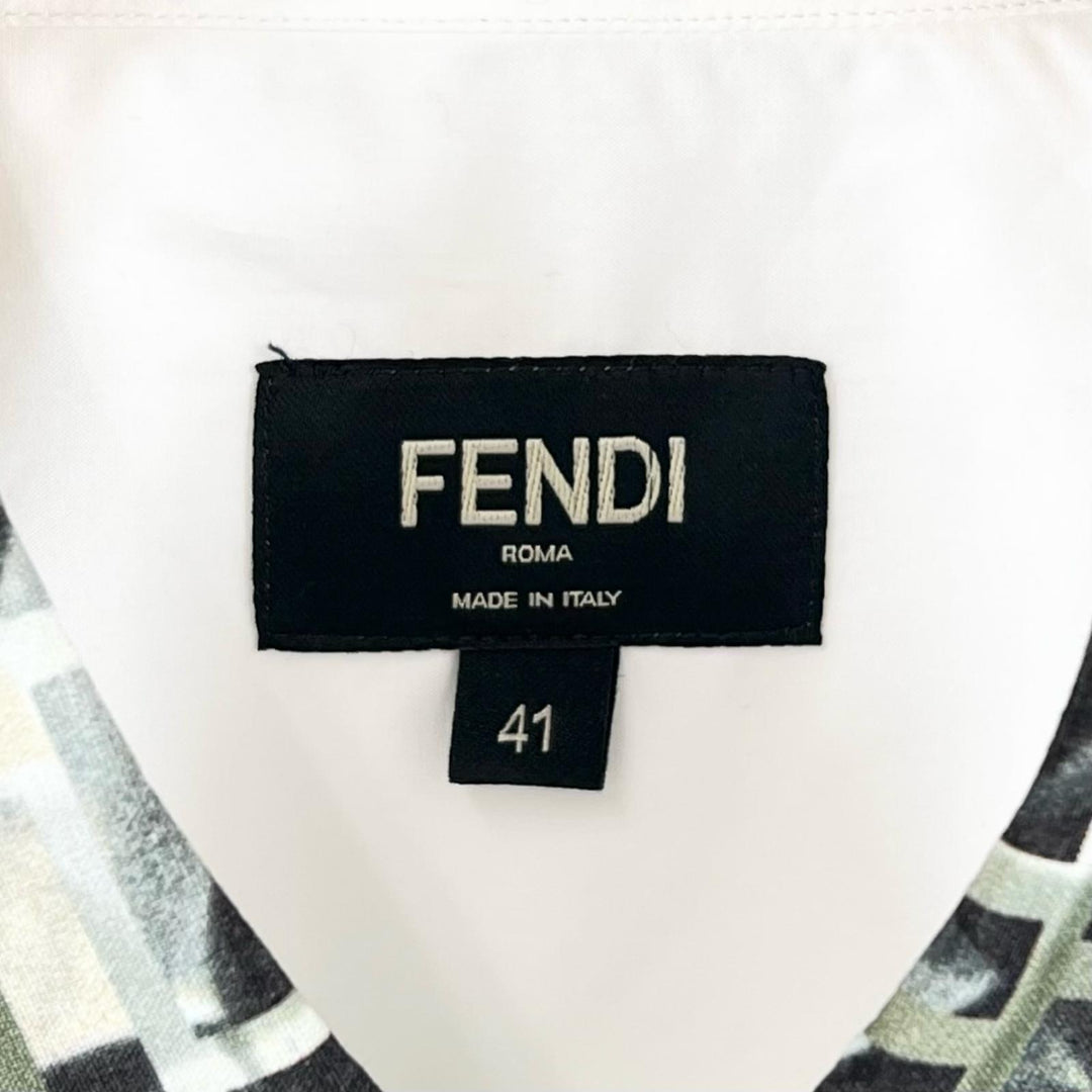 Excellent FENDI Long sleeve shirt Logo button Zucca Pattern white cotton mens
