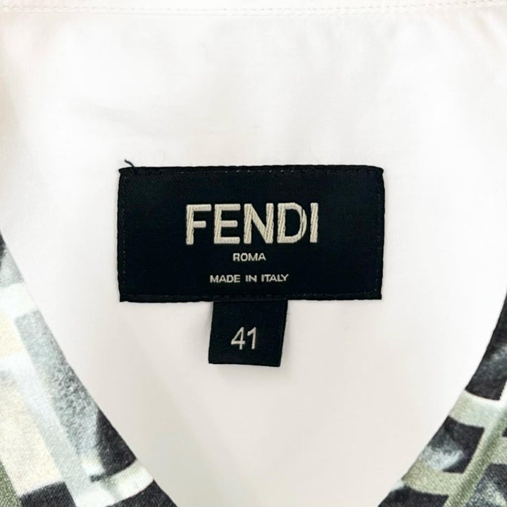 Excellent FENDI Long sleeve shirt Logo button Zucca Pattern white cotton mens