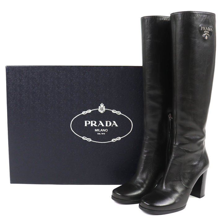 Great PRADA Knee-high boots Logo Metal Side Zip Leather black leather Women