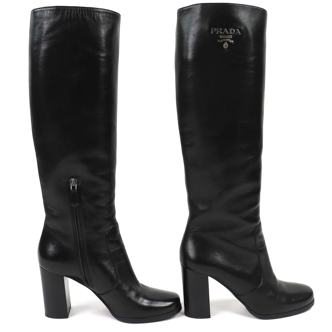 Great PRADA Knee-high boots Logo Metal Side Zip Leather black leather Women