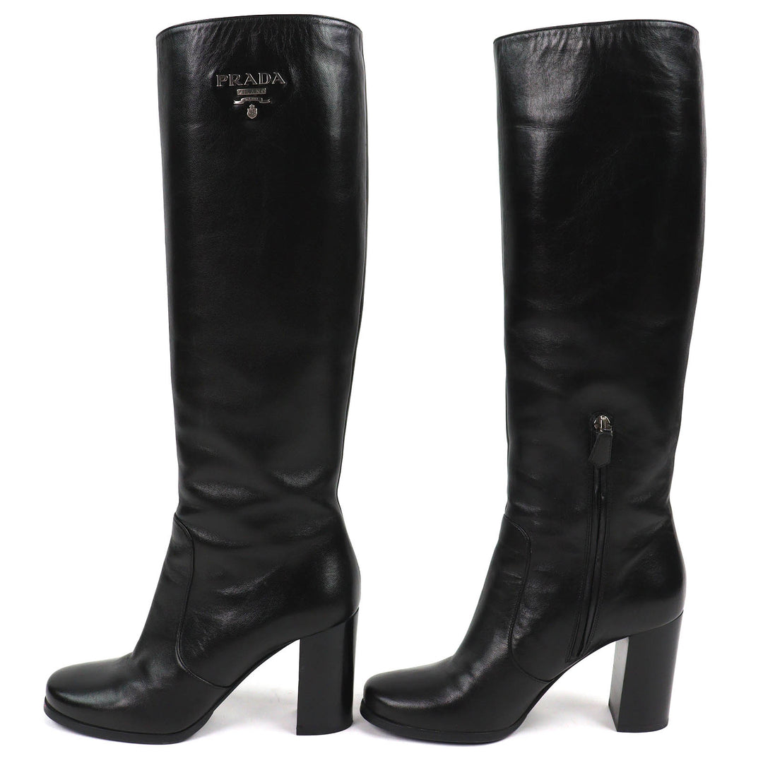 Great PRADA Knee-high boots Logo Metal Side Zip Leather black leather Women
