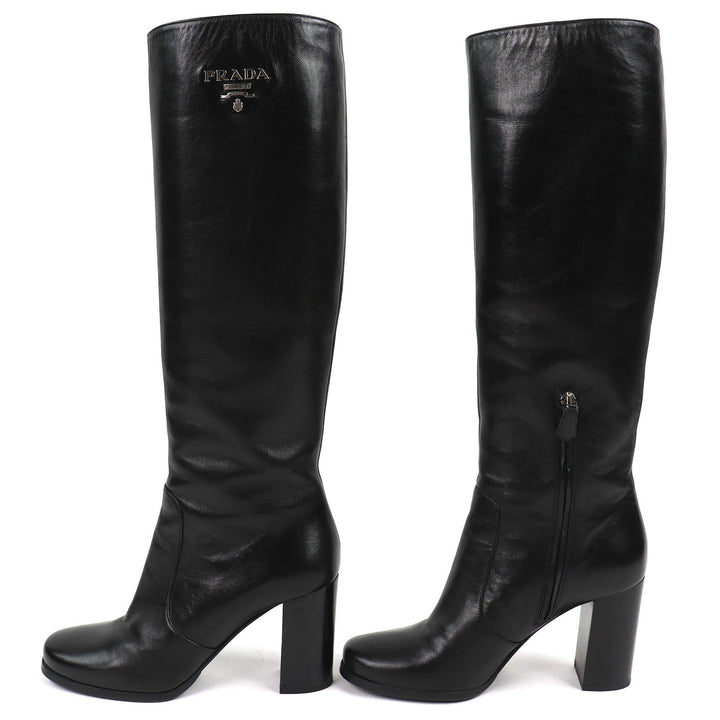 Great PRADA Knee-high boots Logo Metal Side Zip Leather black leather Women