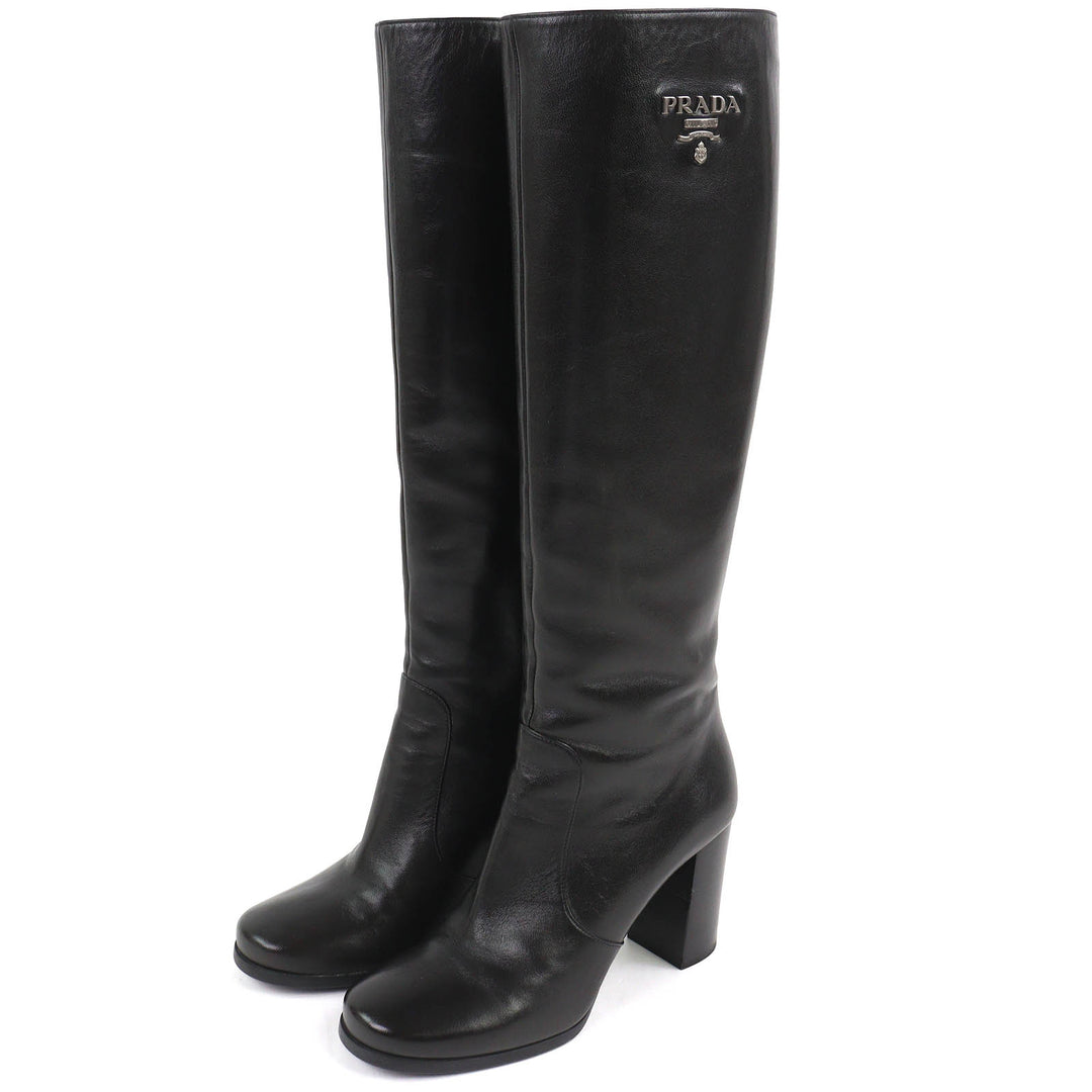 Great PRADA Knee-high boots Logo Metal Side Zip Leather black leather Women
