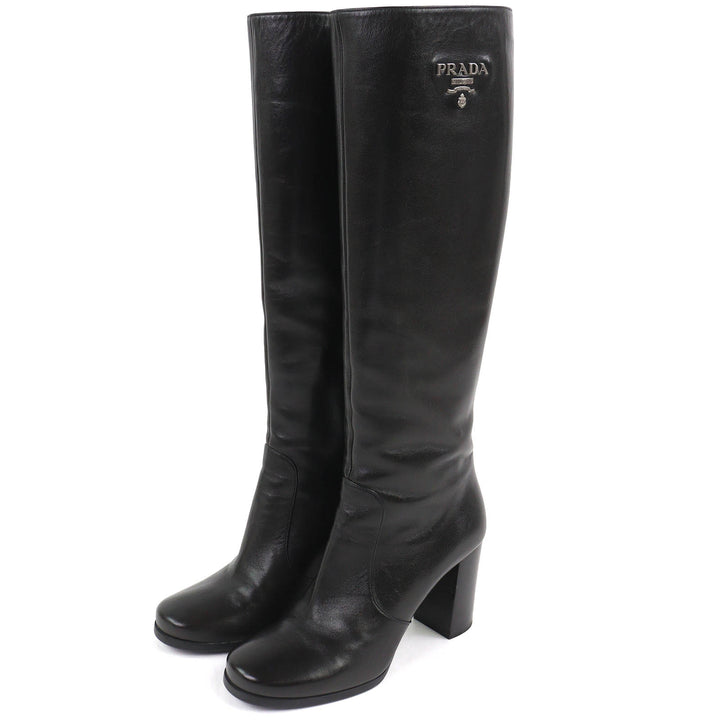 Great PRADA Knee-high boots Logo Metal Side Zip Leather black leather Women