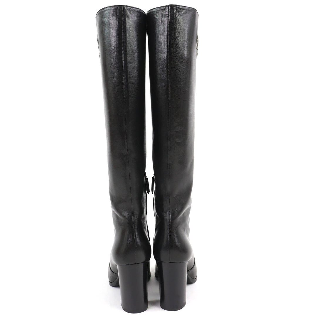 Great PRADA Knee-high boots Logo Metal Side Zip Leather black leather Women