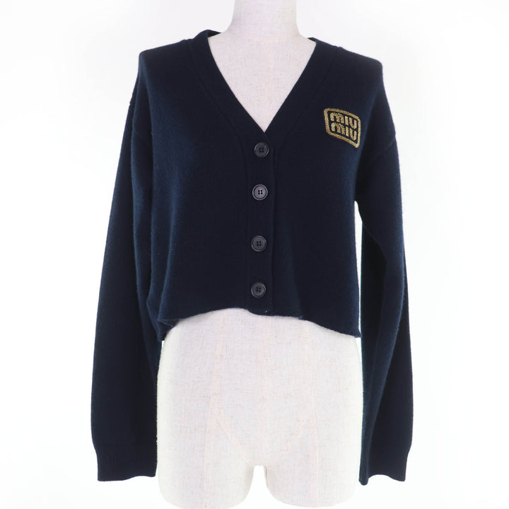 Excellent MIUMIU cardigan Logo patch cropped long sleeve knit cashmere 36 MMF865