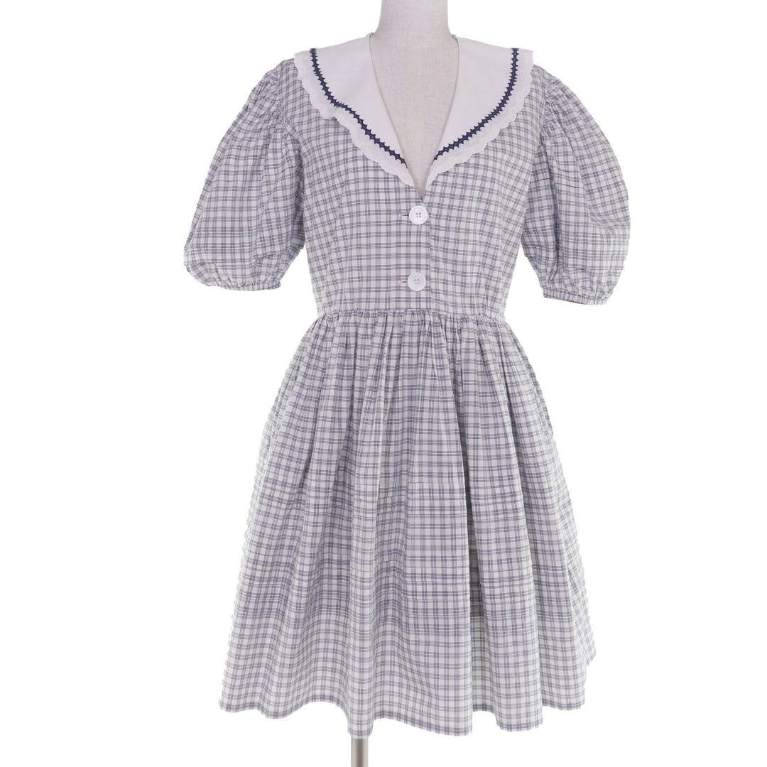 Excellent MIUMIU one piece Check Pattern Puff Sleeve Sailor Collar 38 MF4330