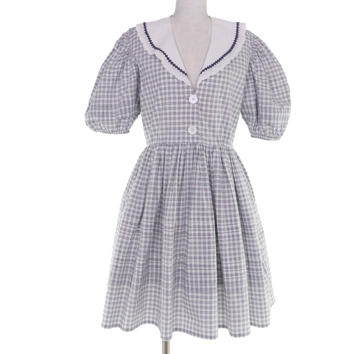 Excellent MIUMIU one piece Check Pattern Puff Sleeve Sailor Collar 38 MF4330