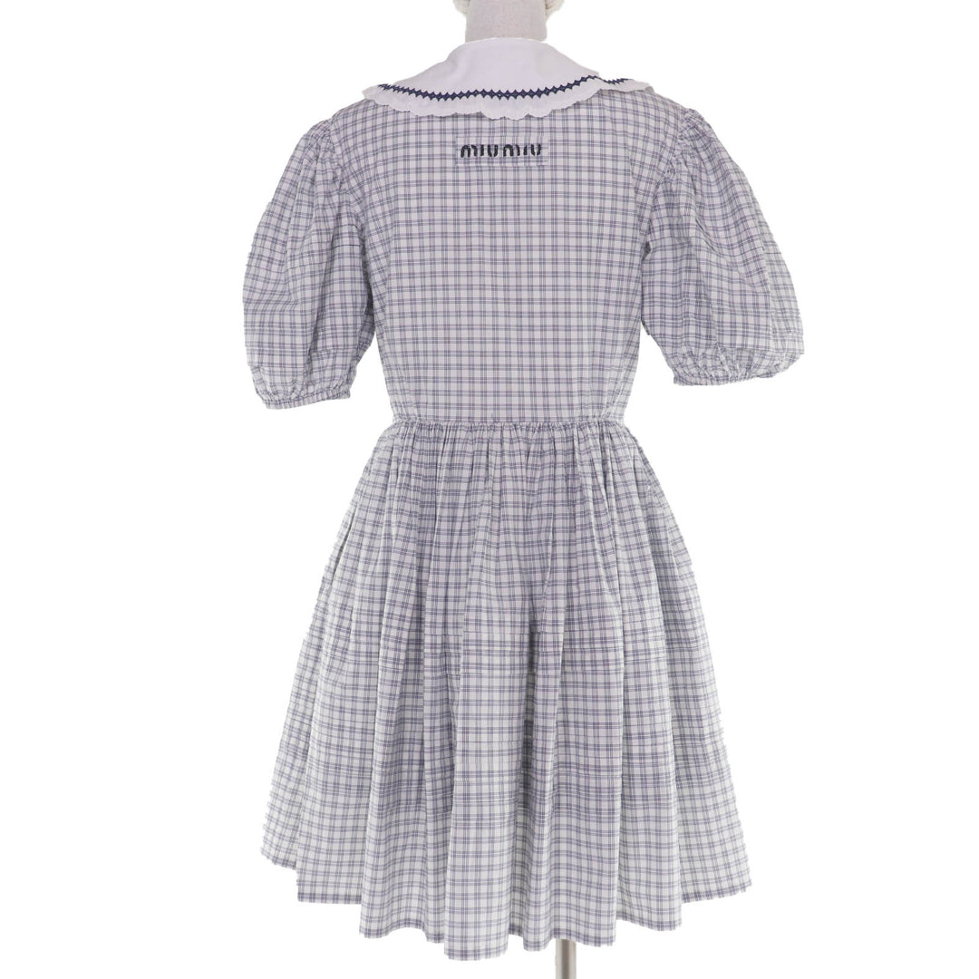 Excellent MIUMIU one piece Check Pattern Puff Sleeve Sailor Collar 38 MF4330