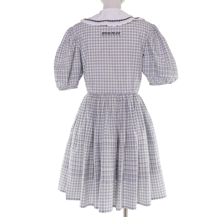 Excellent MIUMIU one piece Check Pattern Puff Sleeve Sailor Collar 38 MF4330