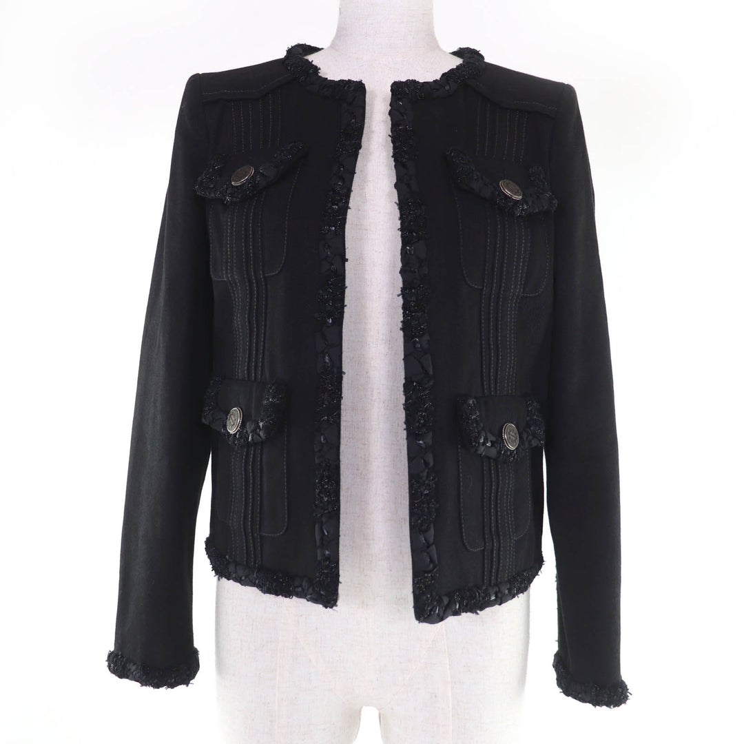 Excellent CHANEL collarless jacket logo button denim jacket black 36 P55644