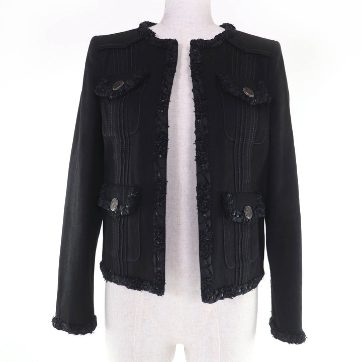 Excellent CHANEL collarless jacket logo button denim jacket black 36 P55644