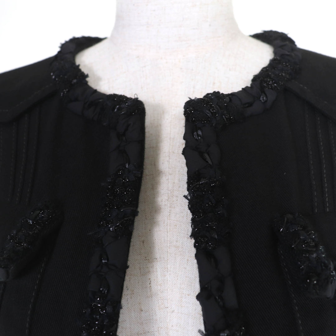 Excellent CHANEL collarless jacket logo button denim jacket black 36 P55644