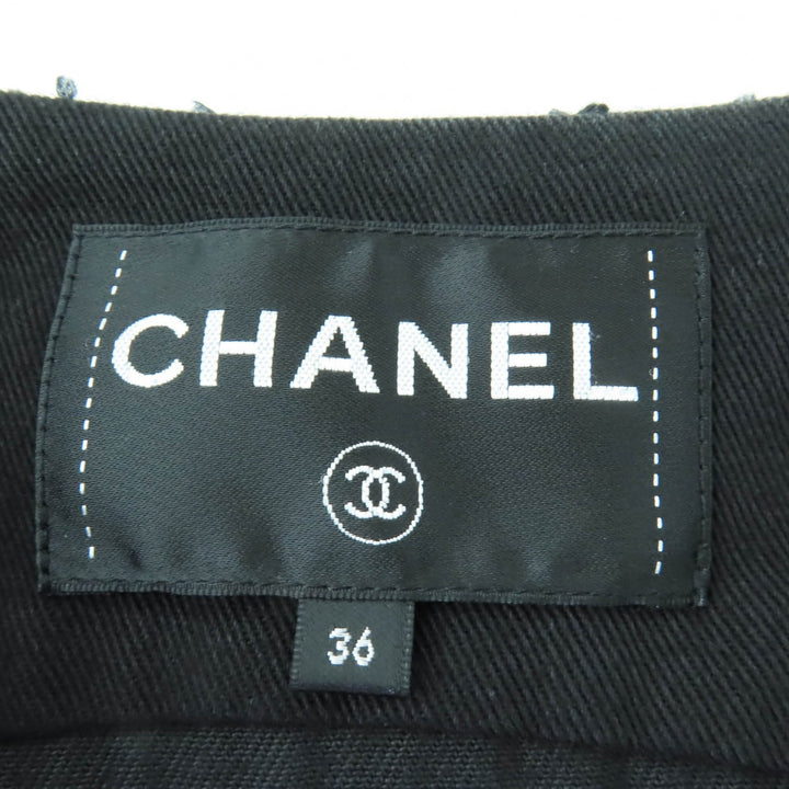 Excellent CHANEL collarless jacket logo button denim jacket black 36 P55644