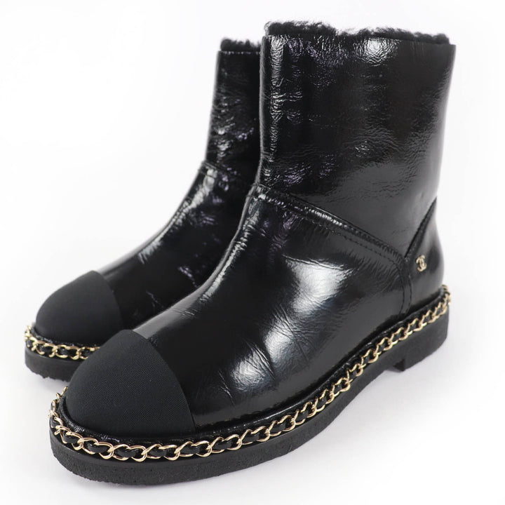 Excellent CHANEL short boots COCO Mark Boa Leather black leather Women 36 G34113