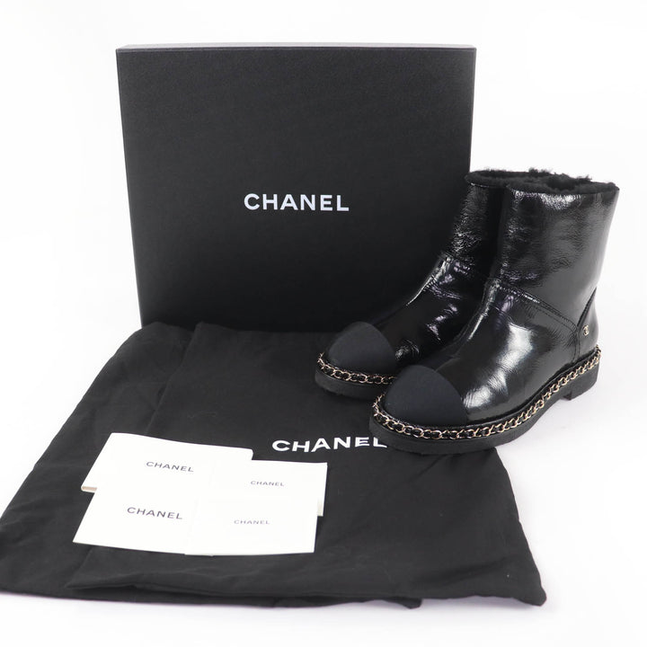 Excellent CHANEL short boots COCO Mark Boa Leather black leather Women 36 G34113