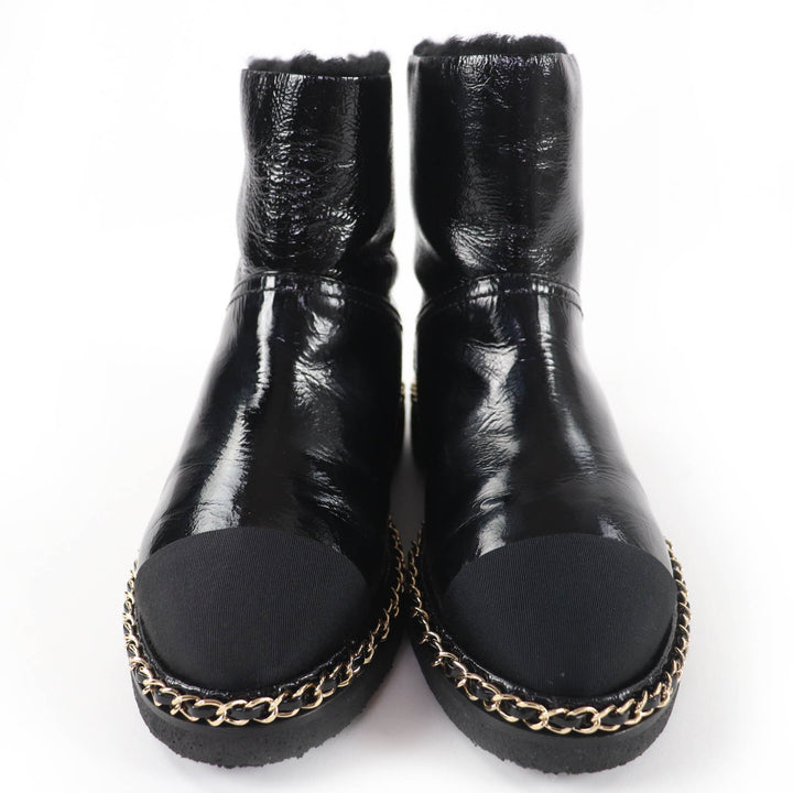Excellent CHANEL short boots COCO Mark Boa Leather black leather Women 36 G34113